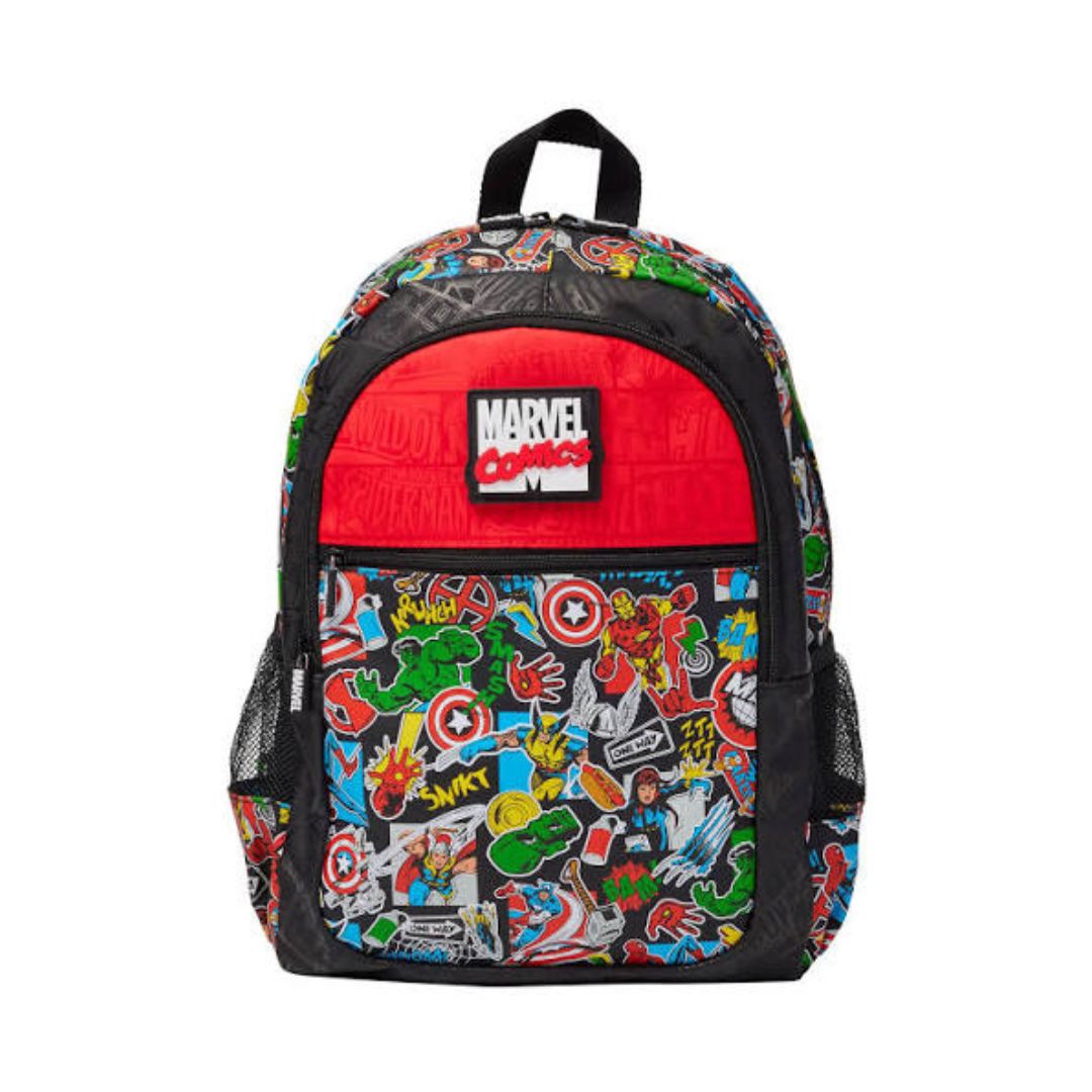 Marvel backpack featuring a red front pocket with a Marvel patch, a lower compartment covered in colorful comic book character prints, and black trim on a white background.