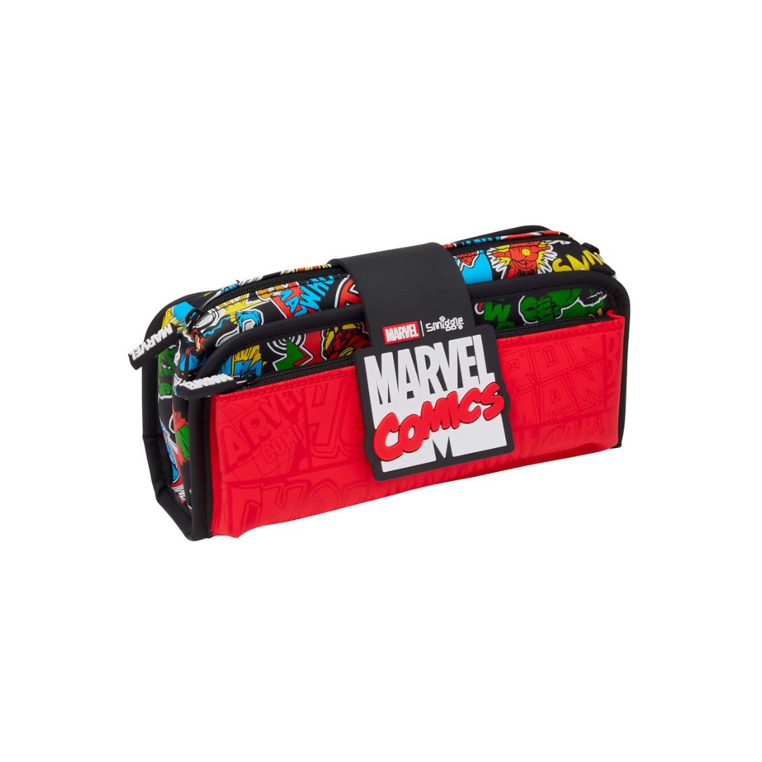 Marvel Comics zippered pencil case featuring a red front pocket with embossed comic-style lettering, a black strap closure, and a multicolor comic-patterned fabric body with a prominent Marvel Comics logo patch.