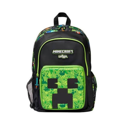 A black and green Minecraft backpack featuring a Creeper face graphic on the front pocket, a Minecraft logo patch, and side mesh pockets, shown against a plain white background.