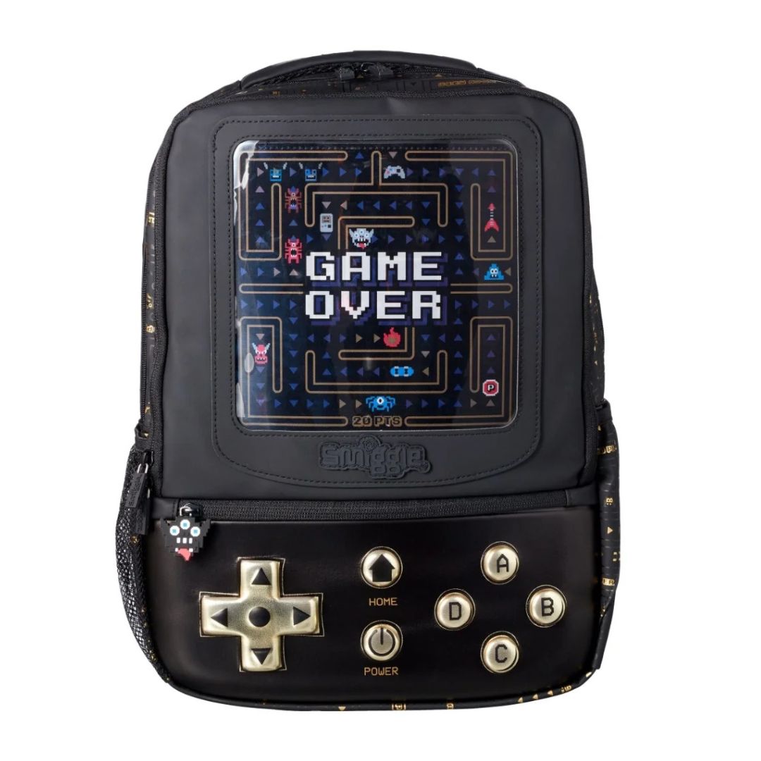 A black backpack designed to look like a retro handheld gaming console, featuring a Pac-Man 'GAME OVER' screen graphic on the front and gold-colored button and directional pad details.