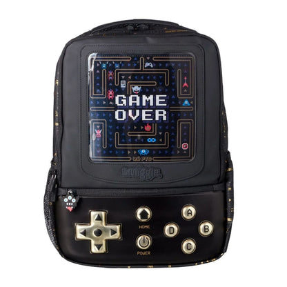 A black backpack designed to look like a retro handheld gaming console, featuring a Pac-Man 'GAME OVER' screen graphic on the front and gold-colored button and directional pad details.