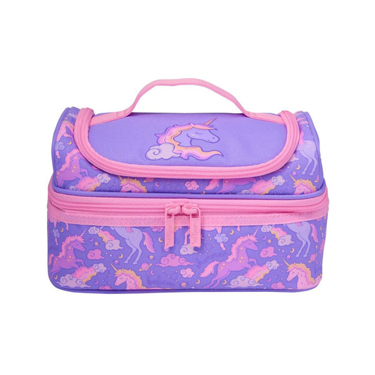 A purple and pink zippered lunch bag with a unicorn pattern, featuring a top handle and a flap closure with a unicorn graphic.