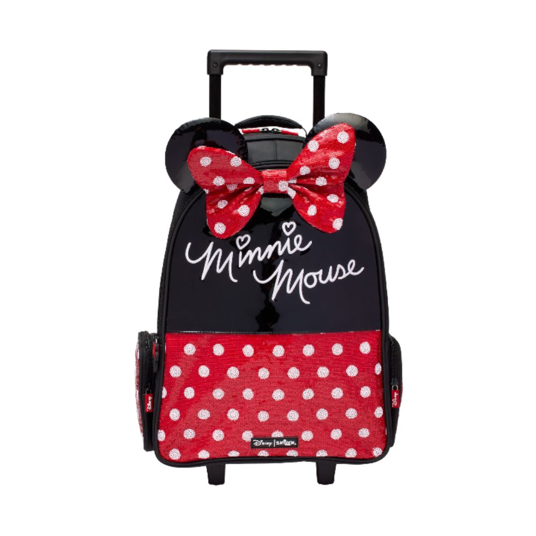Disney Minnie Mouse rolling backpack with black and red polka dot design, featuring Minnie Mouse ears, a large red bow with white polka dots, and 'Minnie Mouse' script on the front.