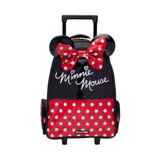 Disney Minnie Mouse rolling backpack with black and red polka dot design, featuring Minnie Mouse ears, a large red bow with white polka dots, and 'Minnie Mouse' script on the front.