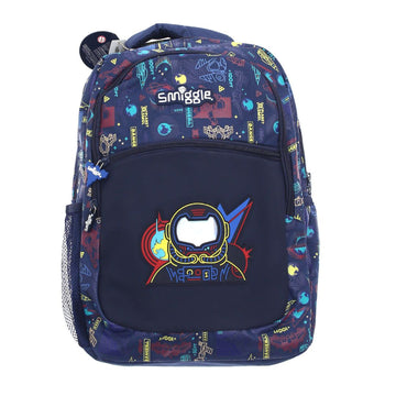 A navy blue Smiggle backpack featuring a colorful space-themed print on the upper portion and a large central graphic of a futuristic helmet with the word 'MAYBET' below it.