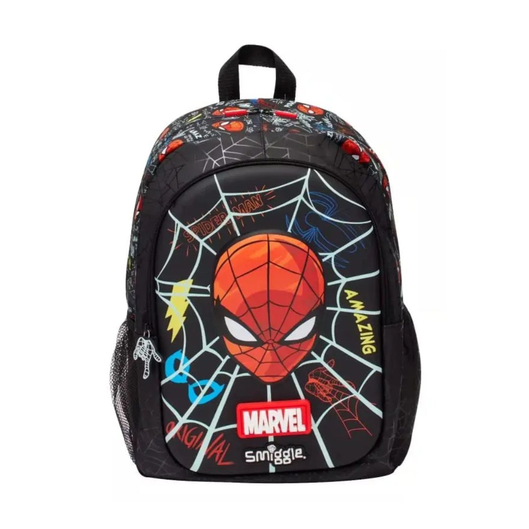 A Marvel Spider-Man themed school backpack featuring a large red and orange Spider-Man mask graphic on the front, surrounded by web patterns, the Marvel logo, and the Smuggle brand name, set against a plain white background.