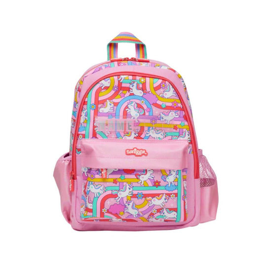 A pastel-colored school backpack with a light blue floral and cloud pattern, pink trim, yellow side panels, and rainbow details, shown on a plain white background.