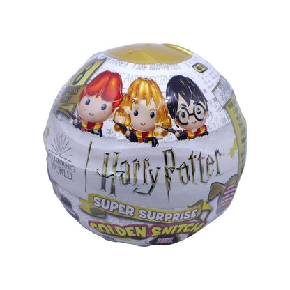 A round, foil-wrapped toy or surprise package featuring Harry Potter character graphics and the text 'Harry Potter Super Surprise Golden Snitch' on a plain white background.