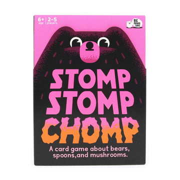 Front of the 'Stomp Stomp Chomp' card game box, featuring a black bear silhouette with a pink snout and bold pink and orange text on a white background.