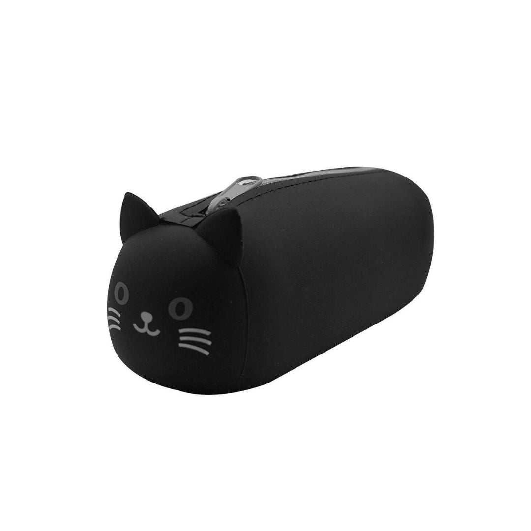 A black cat-shaped portable speaker with embroidered white facial features, shown on a plain white background.
