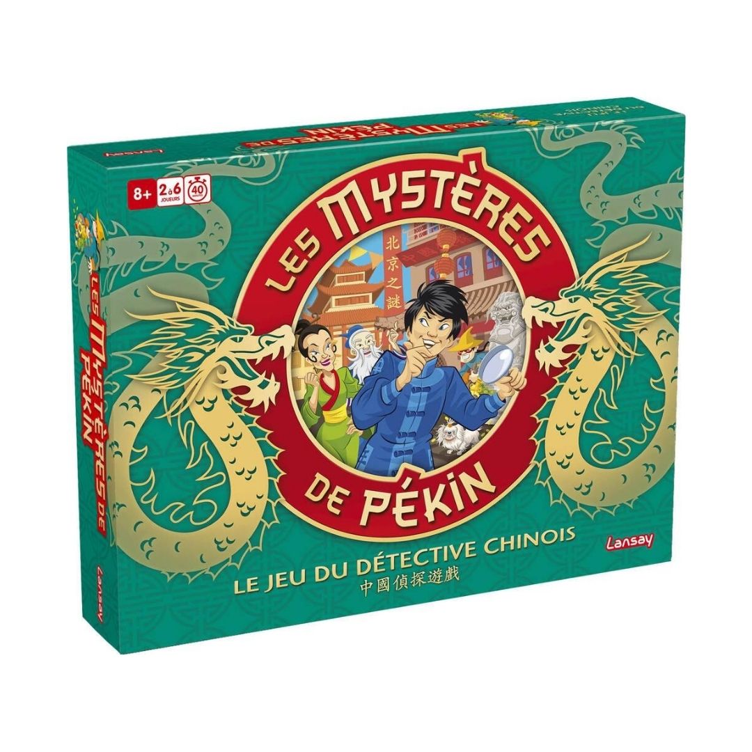 The game box for 'Les Mystères de Pékin' (The Mystery of Beijing) by Landay, featuring a green background with gold dragons and a red central emblem containing cartoon characters.