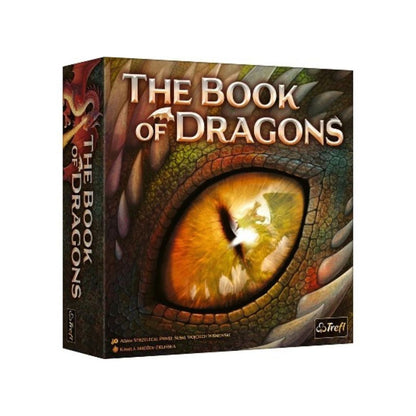 The Book of Dragons board game box featuring a large detailed dragon eye illustration on the front, with the title in large metallic text and the Trefl logo in the bottom right corner.