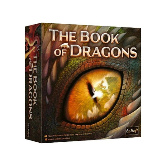 The Book of Dragons board game box featuring a large detailed dragon eye illustration on the front, with the title in large metallic text and the Trefl logo in the bottom right corner.
