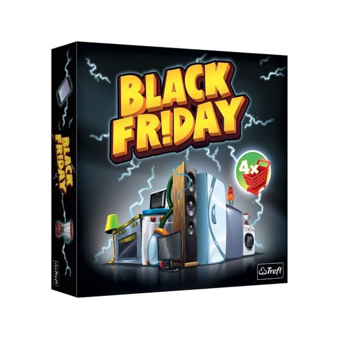 The retail box for the board game 'Black Friday' by Trell, featuring a dark background with lightning effects and large yellow title text. The box art shows various consumer electronics like a television, speakers, a lamp, and a washing machine, with a green '4x' shopping bag icon on the front.