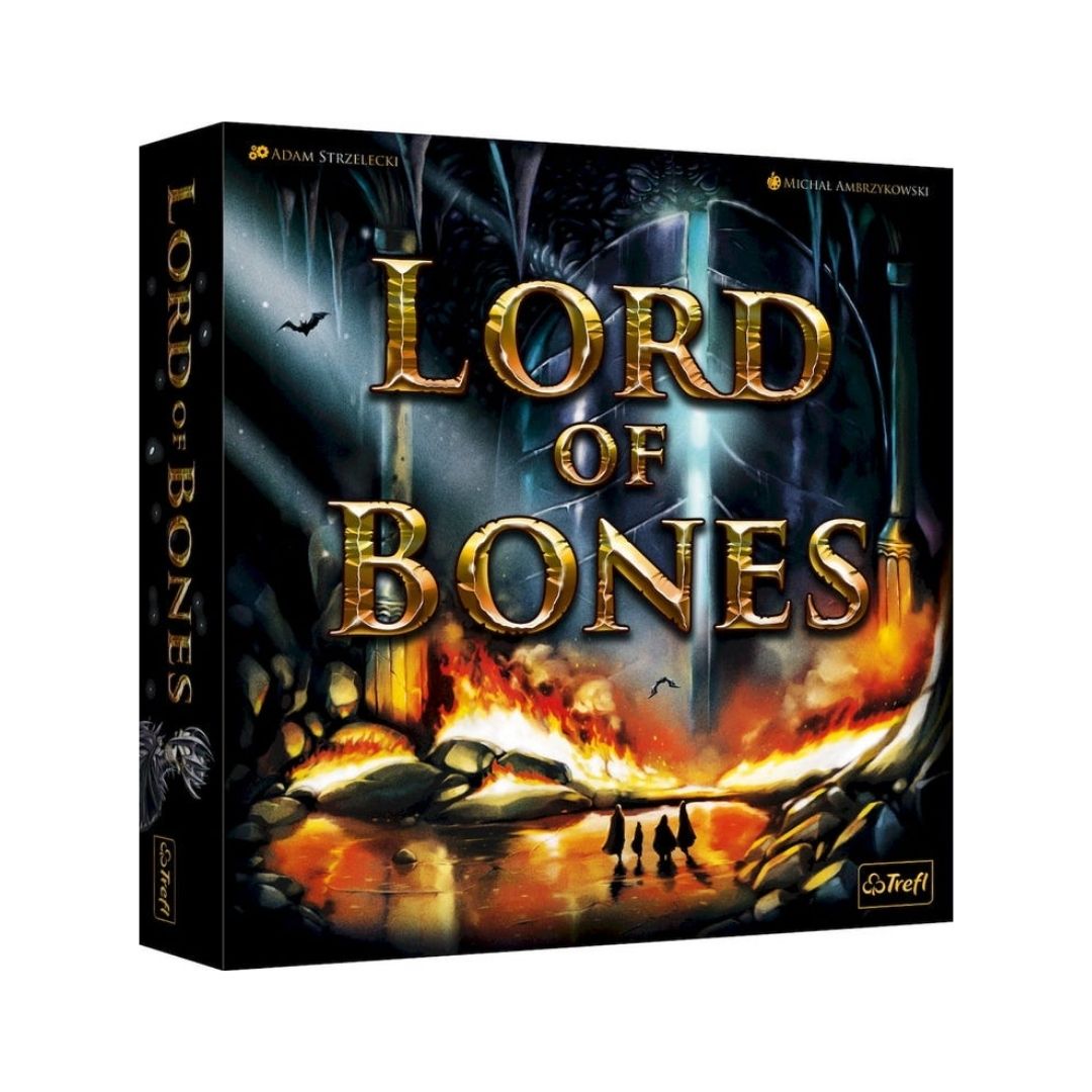 Board game box for 'Lord of Bones' by Kazimierz Strzelczyk and Andrzej Jarmuszewski, published by CaFelt. The box features dramatic fantasy artwork of a fiery landscape with gold metallic title text.
