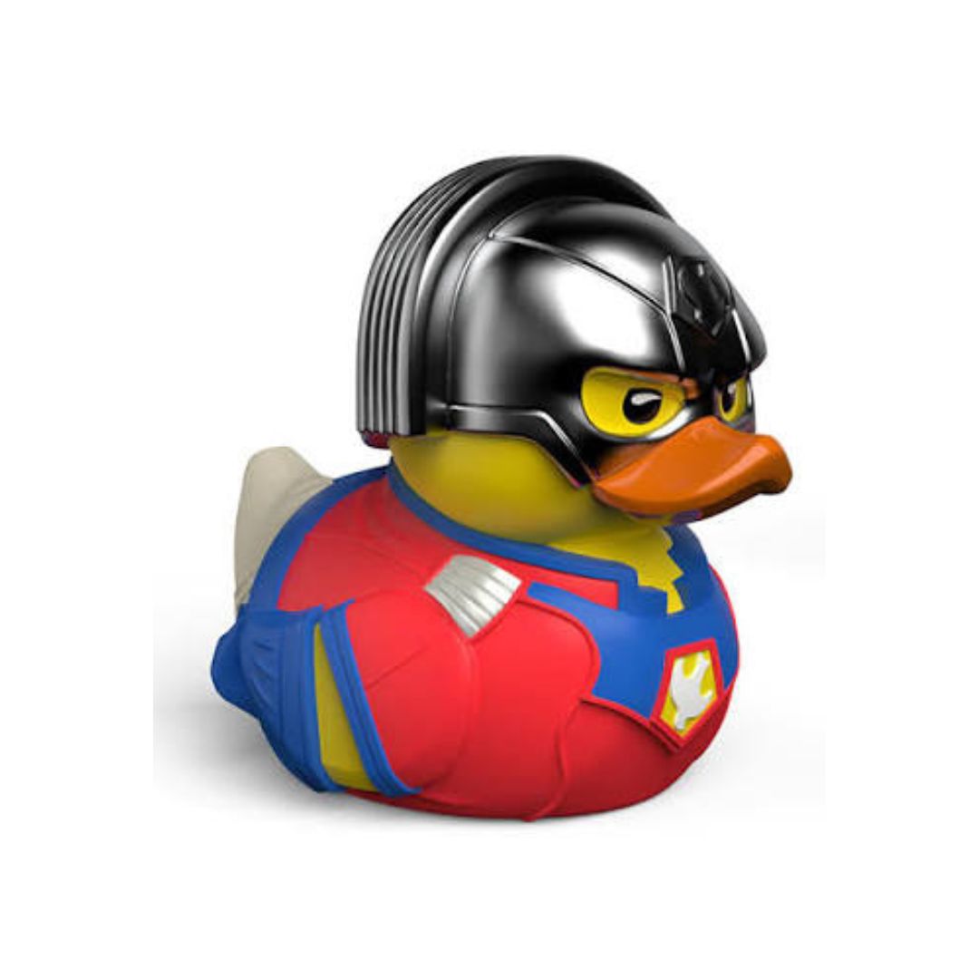 A rubber duck styled as a superhero, wearing a black metallic helmet and a red, blue, and yellow suit, shown against a plain white background.