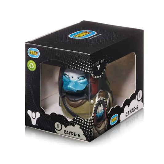 A collectible figurine of the character Cayde-6 from Destiny, shown inside its original black retail packaging box with a clear window.