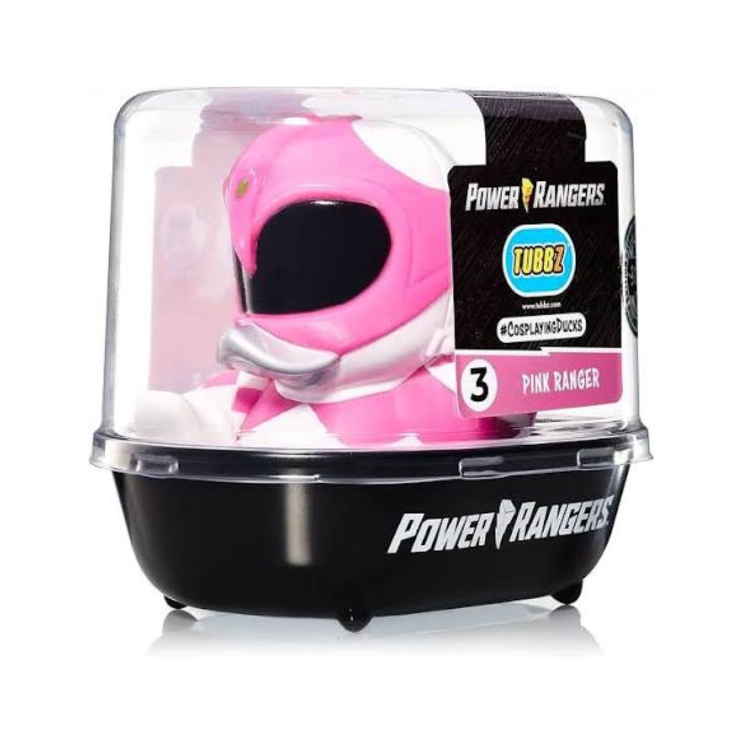 A Power Rangers Tubb 3-Pack collectible toy in its original clear plastic clamshell packaging with a black base and a visible Pink Ranger figure inside.
