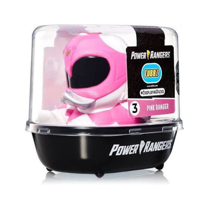A Power Rangers Tubb 3-Pack collectible toy in its original clear plastic clamshell packaging with a black base and a visible Pink Ranger figure inside.