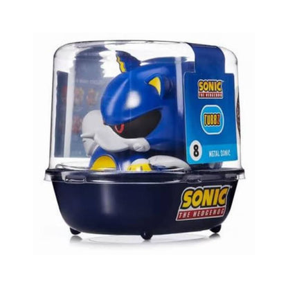 Sonic the Hedgehog Tubbo collectible figure in its original clear plastic display case packaging, featuring a blue, white, and yellow character on a dark blue base with Sonic branding.