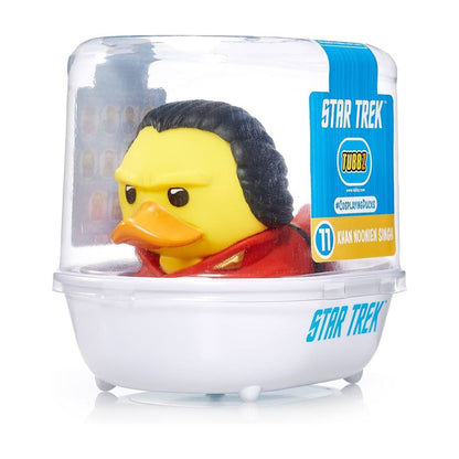 Star Trek Khan the Wonder Chicken rubber duck toy in its clear plastic storage container with a white base and a blue and yellow label.