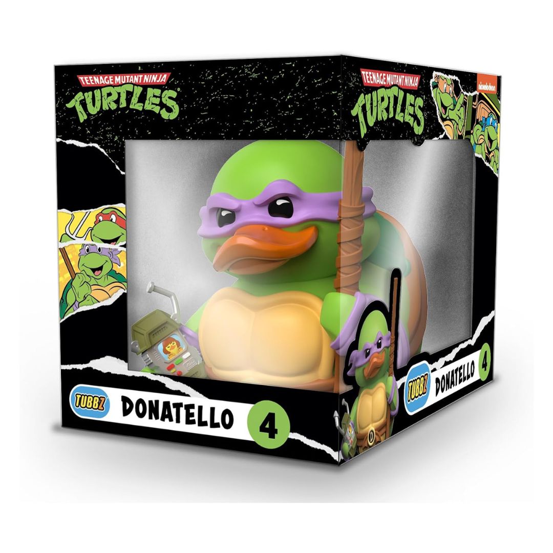 Teenage Mutant Ninja Turtles Donatello 4-inch vinyl figure in its original window box packaging, featuring a green duck figure with a purple mask and orange beak holding a wooden staff.