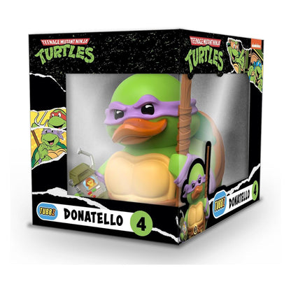 Teenage Mutant Ninja Turtles Donatello 4-inch vinyl figure in its original window box packaging, featuring a green duck figure with a purple mask and orange beak holding a wooden staff.