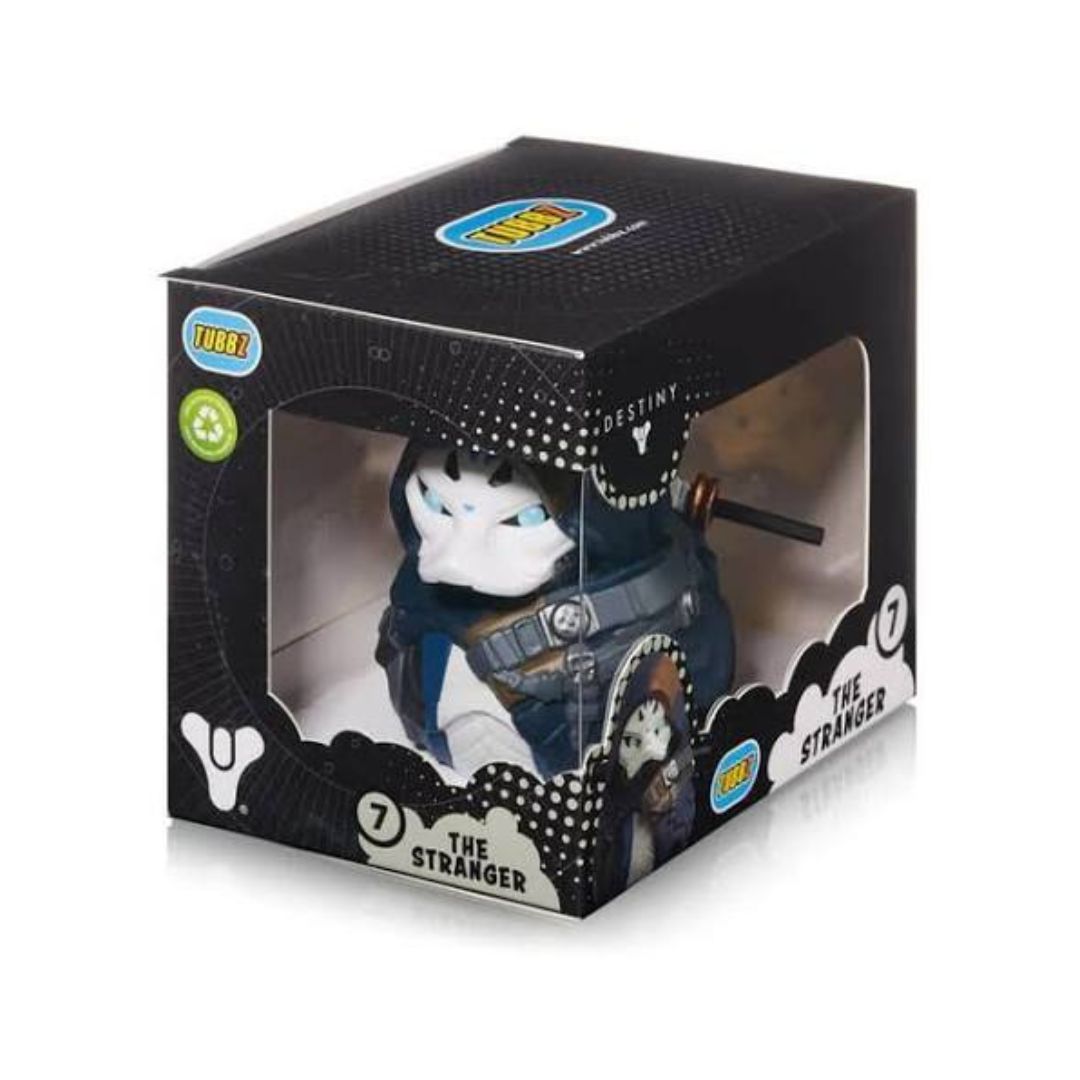 TOOTY The Stranger collectible figure in its original black window box packaging, featuring a white cat character with blue eyes and a dark blue jacket.