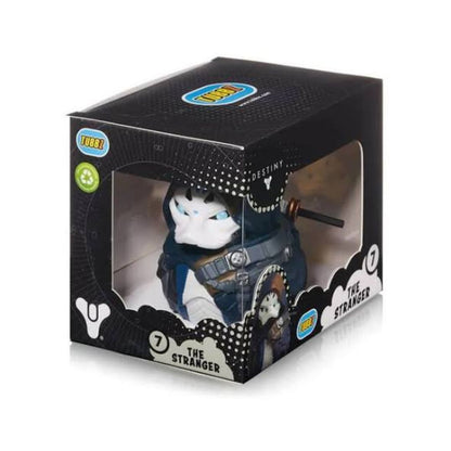 TOOTY The Stranger collectible figure in its original black window box packaging, featuring a white cat character with blue eyes and a dark blue jacket.