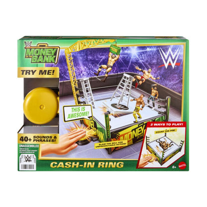 WWE Money Bank 'Cash-In Ring' toy set in its original retail packaging, featuring a mini wrestling ring, action figures, and a yellow cash container.