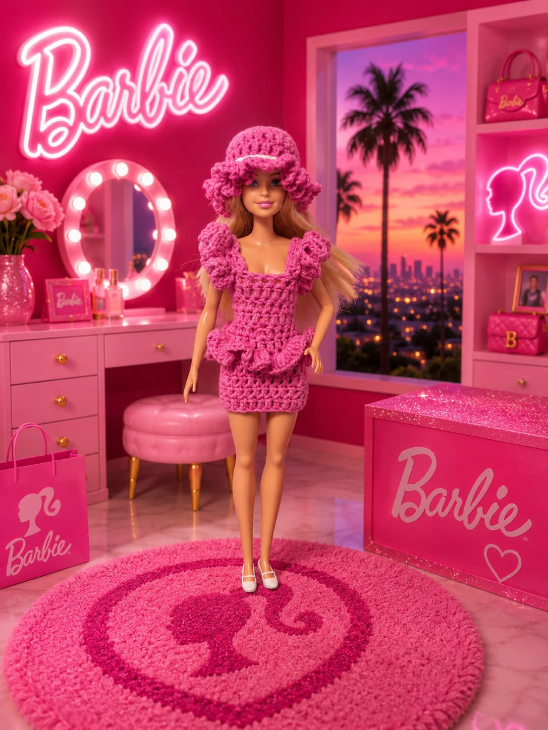 LéArts Handmade Crochet Doll Dress & Hat Set (Candy Pink)
