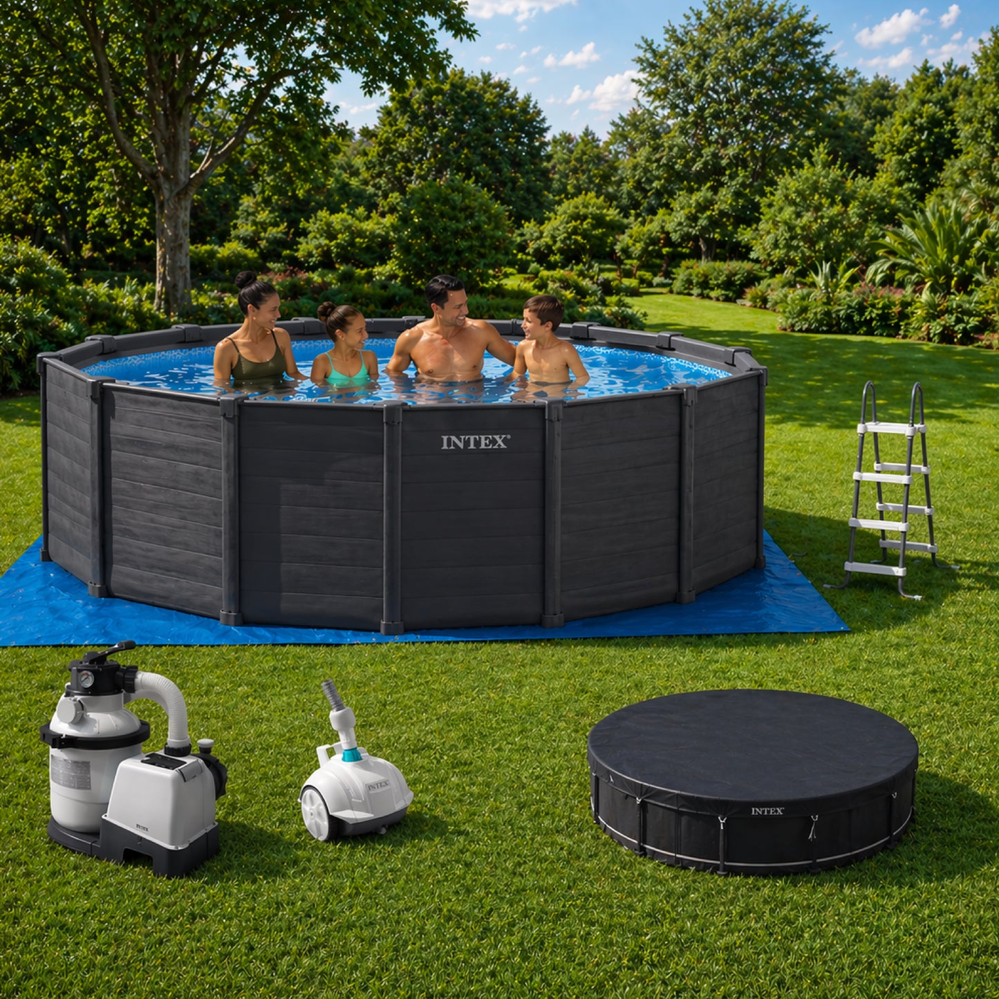 Intex Graphite Gray Panel Pool Luxury Bundle