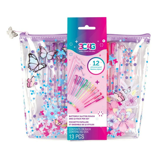 Make it Real 3C4G Butterfly Glitter Pouch & 12-Pack Pen Set