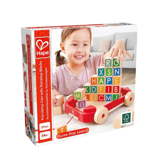 Hape Pull-Along Cart with Stacking Blocks Wooden Toy